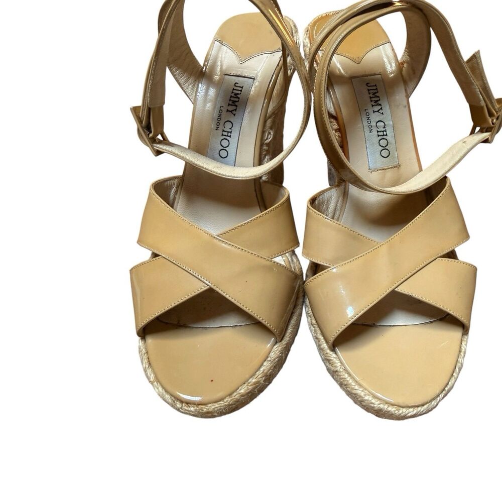 Jimmy Choo Sz 38 Beige Patent Leather Ankle Strap Wedges Strappy - Picture 7 of 14